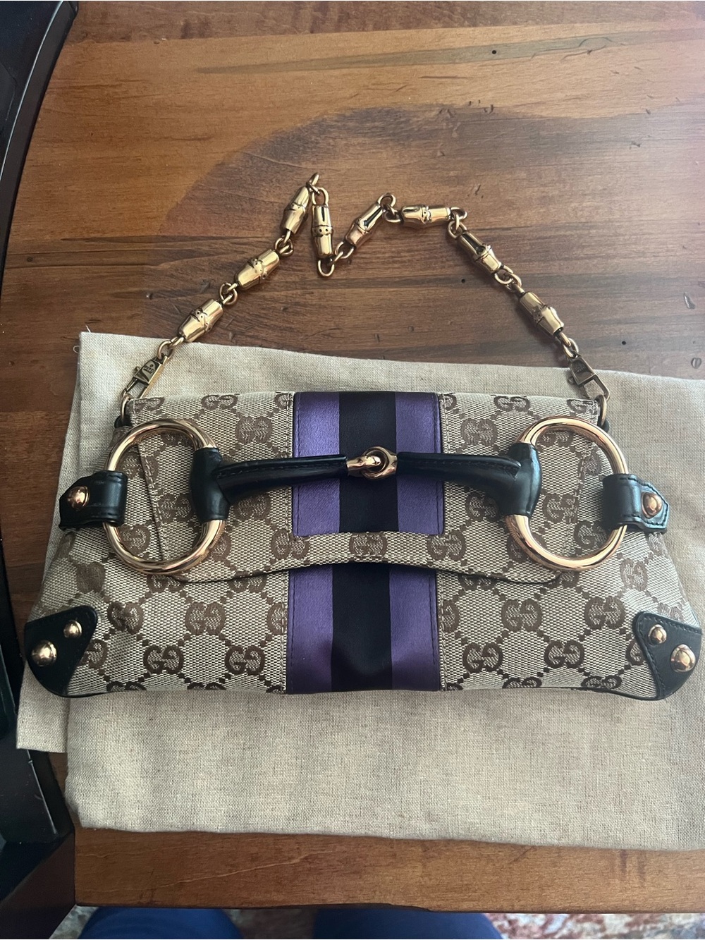 Rare Gucci Vintage Tom Ford era Beige GG Canvas Horsebit bag Clutch with chain